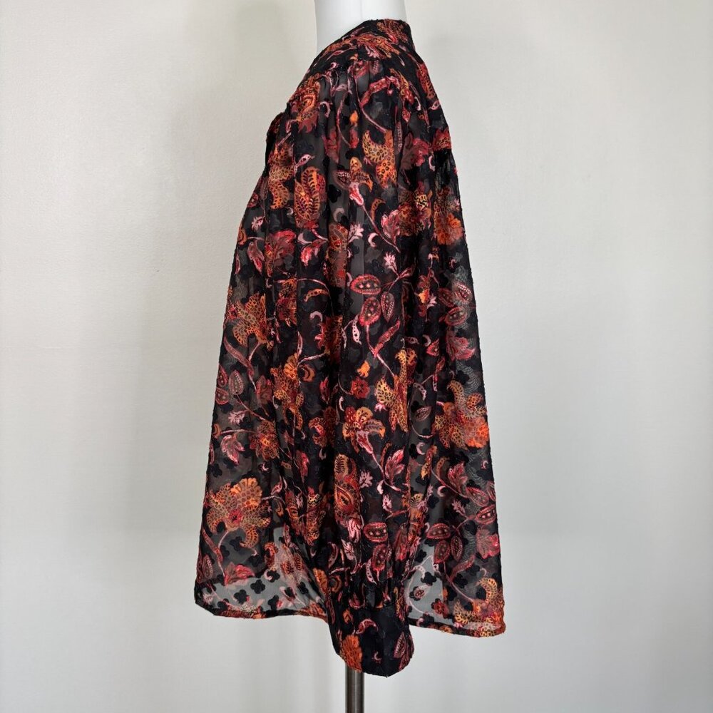 Ophelia Roe Top XL Black Orange Floral Textured 3/4 Sleeve Sheer Blouse‎ Women's - Picture 4 of 11